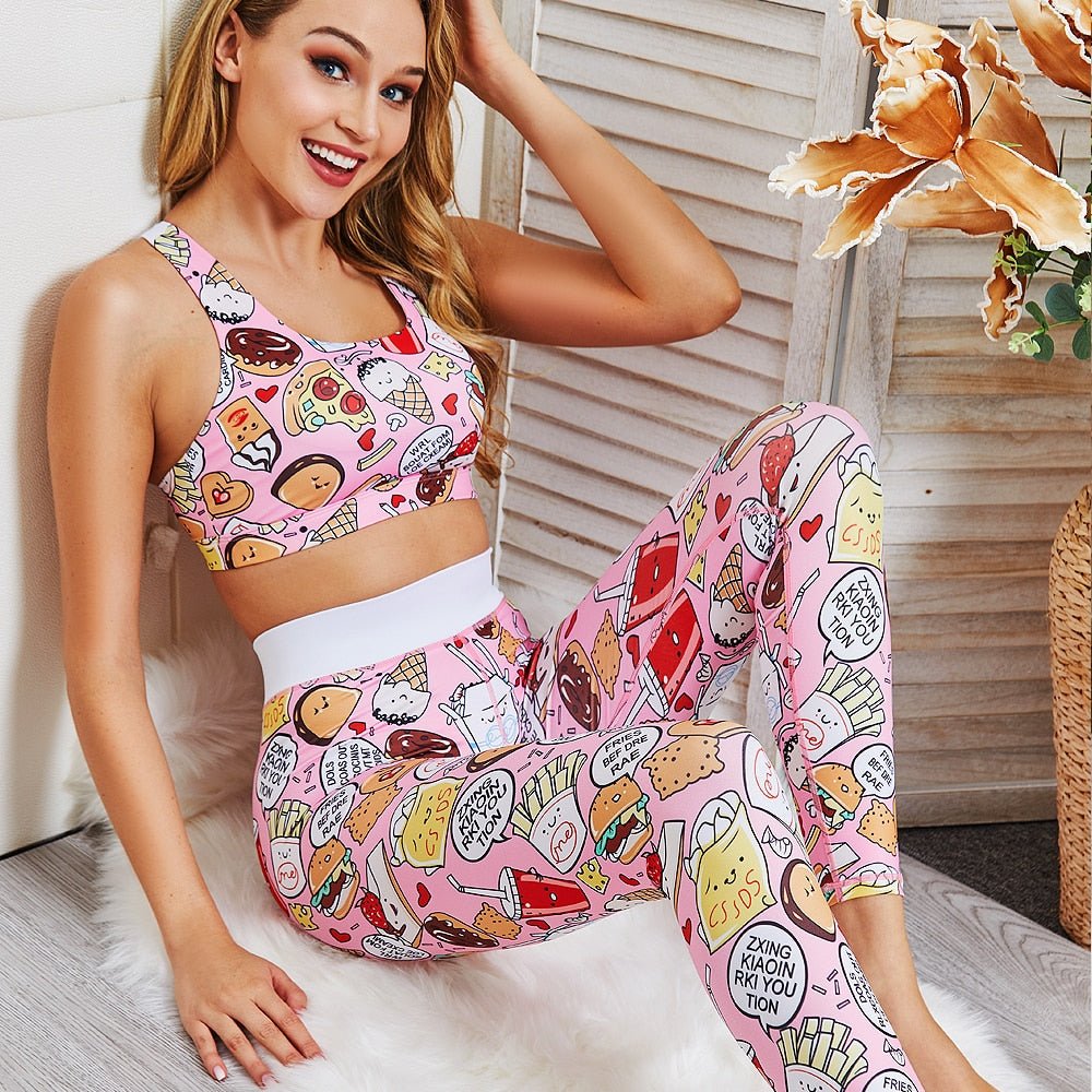Cartoon Food Printed Pink Two Piece Set Fitness Women Crop Top and Pants Set Ladies 2 Piece Outfits Workout Outfits Matching Set - Monis.alpaka